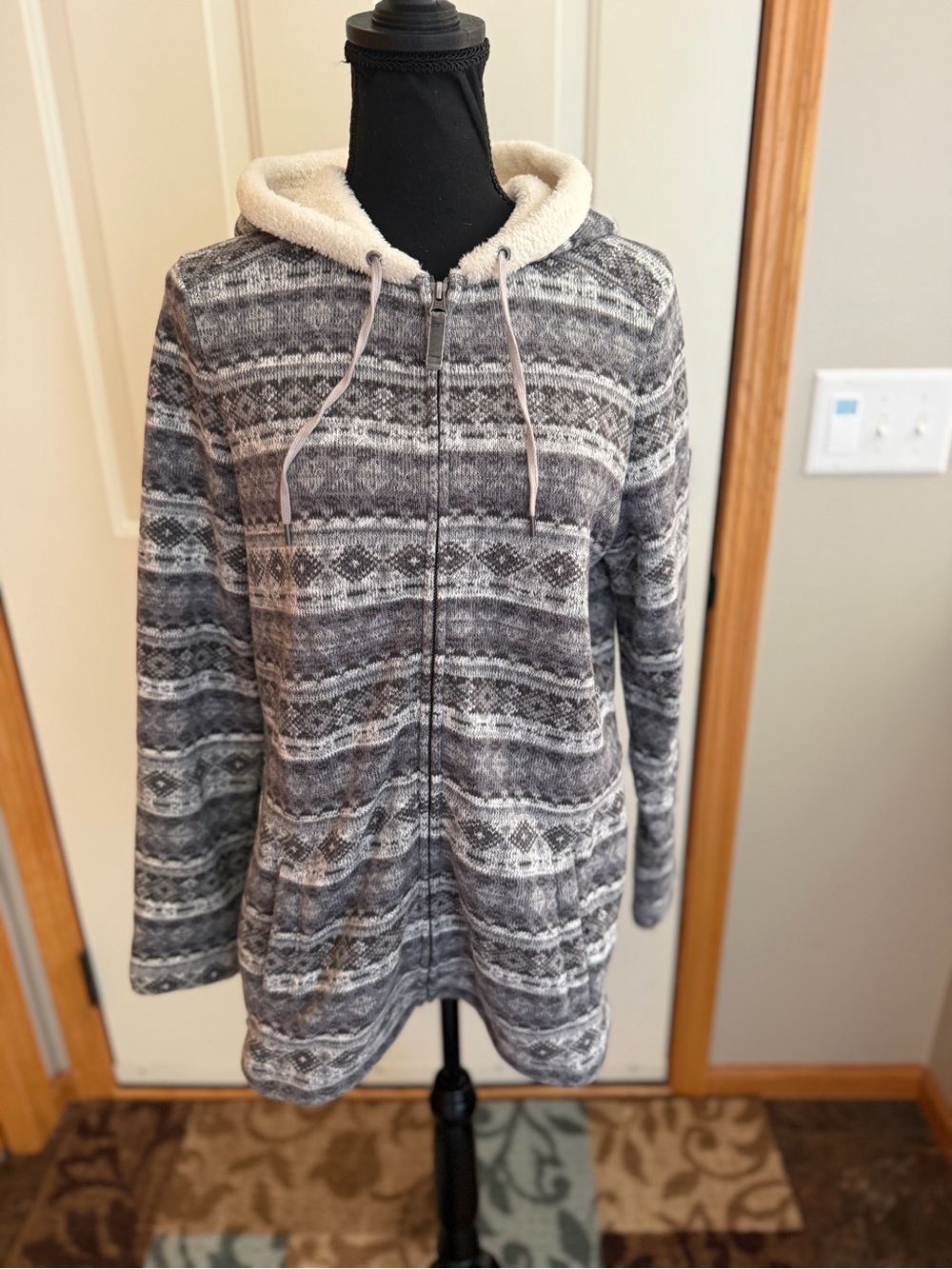 L.L. Bean gray fair isle nordic print full zipper hooded sweater jacket. Medium